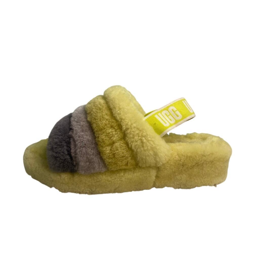 UGG Women's Fluff Yeah Sandal Size 7 Yellow Gray Furry Fuzzy Slipper Slide‎